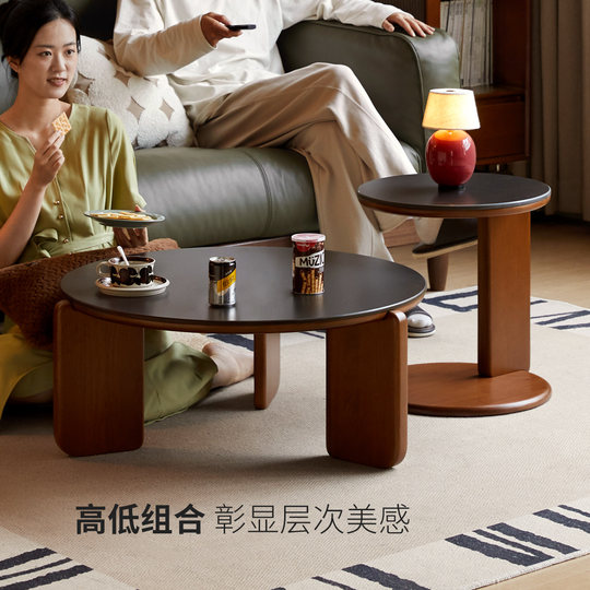 Genji Muyu all solid wood slate coffee table living room medieval round tea table home retro tea table combination round table