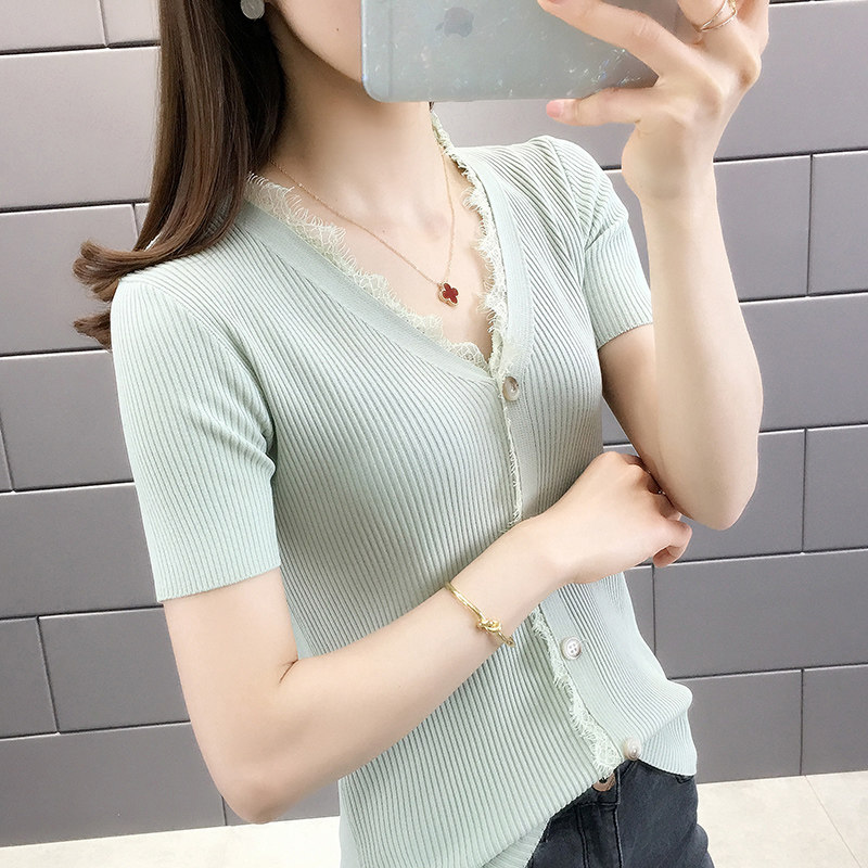 冰丝v领蕾丝拼接纽扣短袖针织衫 宇莎依恋毛针织衫