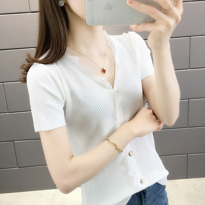 冰丝v领蕾丝拼接纽扣短袖针织衫 宇莎依恋毛针织衫