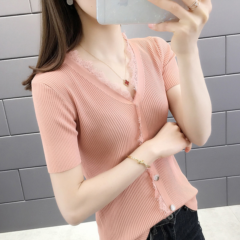 冰丝v领蕾丝拼接纽扣短袖针织衫 宇莎依恋毛针织衫