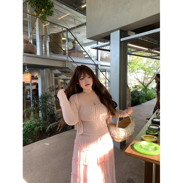 Dese's soft candy temperament pure lust style suit sexy slim suspender long-sleeved cardigan high-waisted floor-length skirt