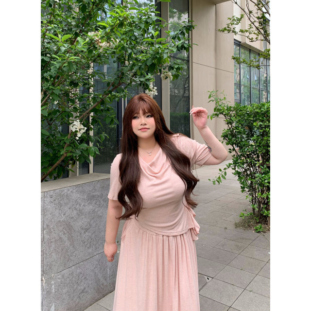 Dese's soft candy lazy style set two-piece pleated T-sleeved short-sleeved T-shirt top long style skirt with pockets