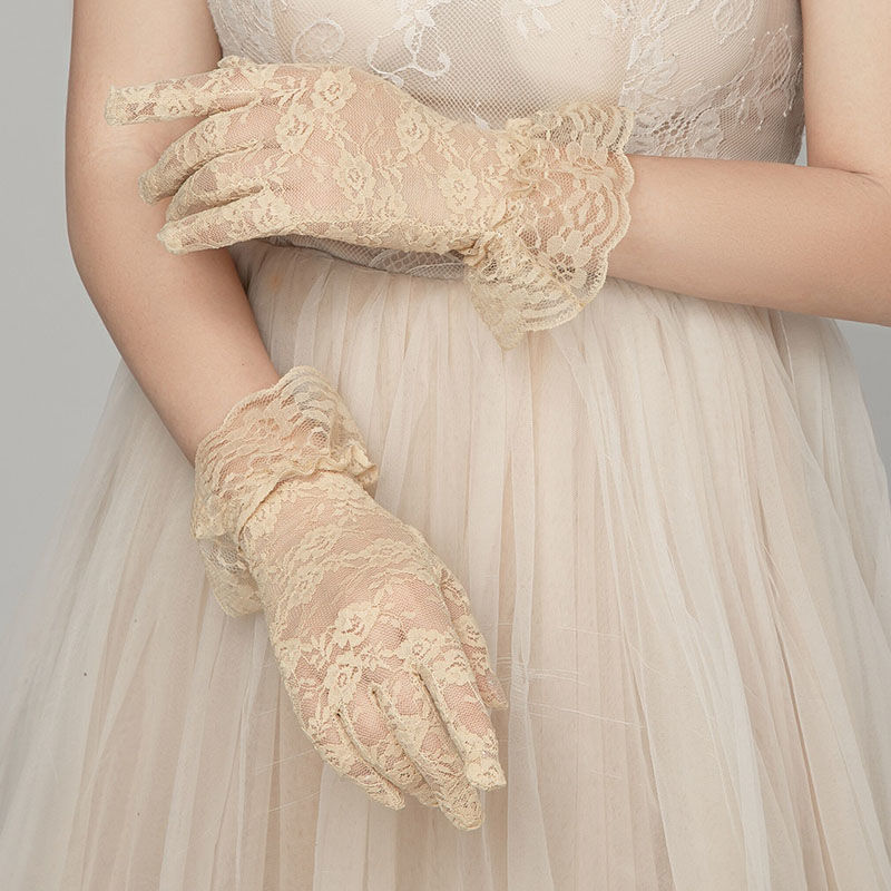,薄款花边蕾丝手套女士短款白色大红色婚纱新娘婚礼仪手套拍照袖