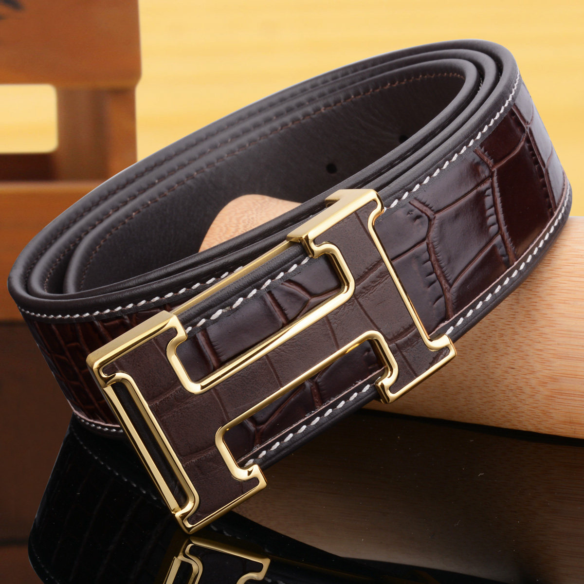 新款男士腰带正品真皮字母自动扣皮带休闲头层牛皮内穿裤带鳄鱼纹