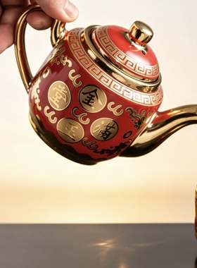 金色陶瓷茶壶祭祖供奉酒壶家用佛堂大容量老爷壶上供拜拜大号茶壶