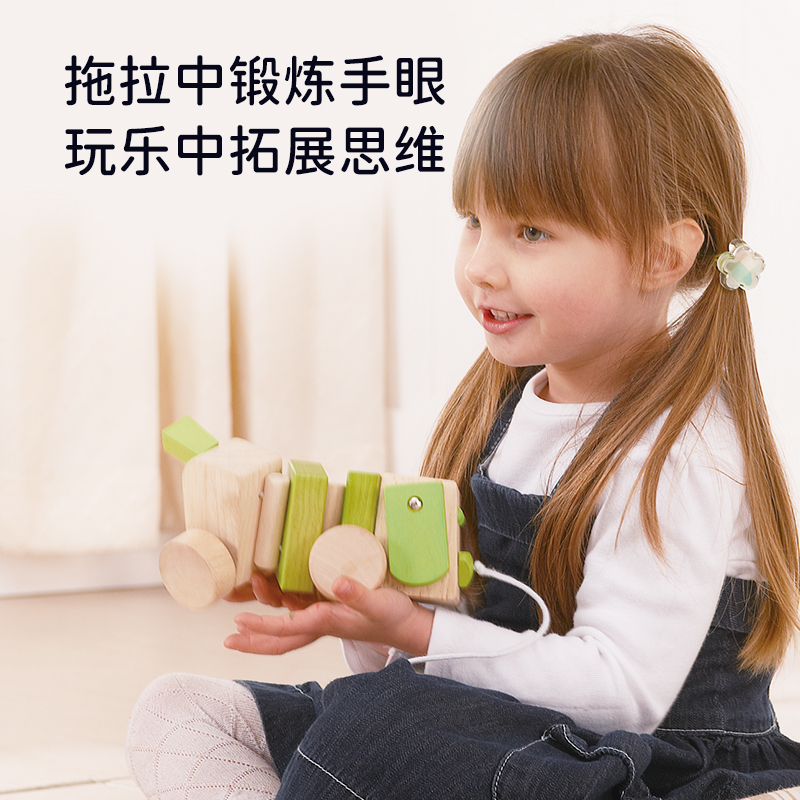 EverEarth拖拉狗宝宝玩具木质积木婴儿拉绳学步车玩具男女孩1岁