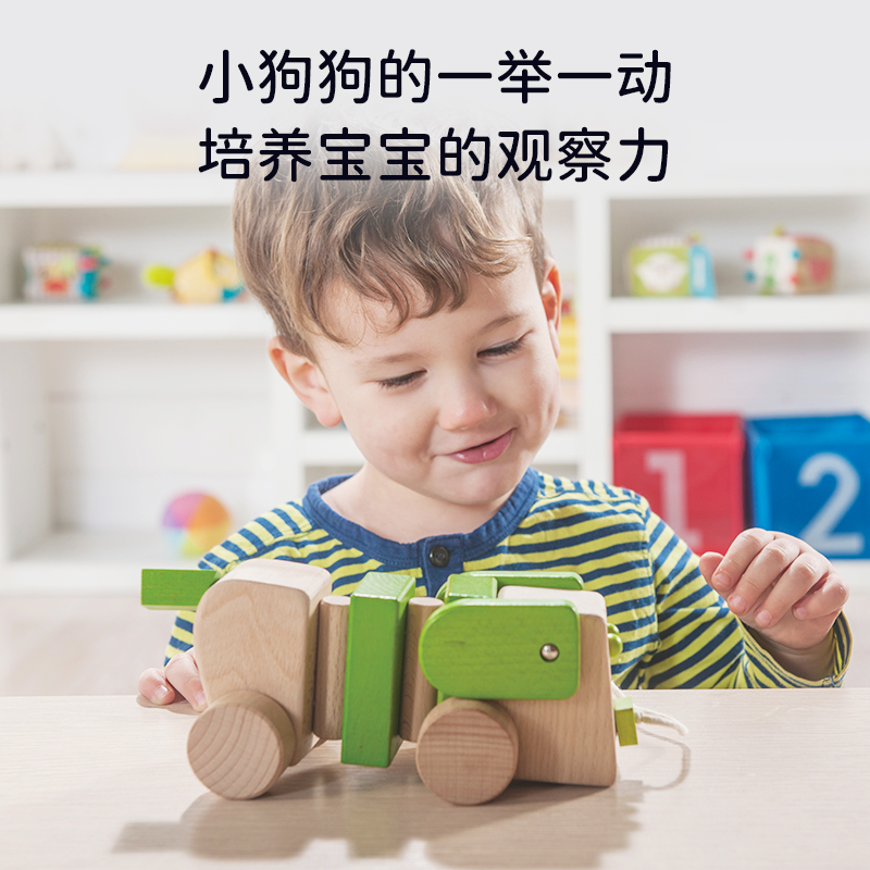 EverEarth拖拉狗宝宝玩具木质积木婴儿拉绳学步车玩具男女孩1岁