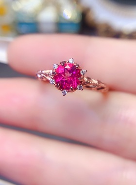 realtreasure天然粉托帕戒指925银精工镶嵌主石尺寸6mm