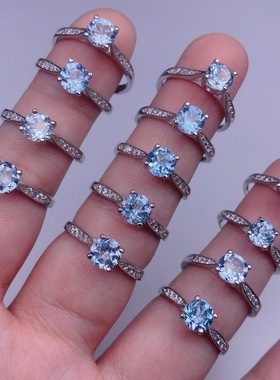 realtreasure大促系列瑞士蓝托帕石戒指s925银满钻女戒