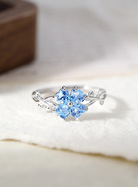 realtreasure s925纯银荆棘四叶草戒指女高级天然晶石