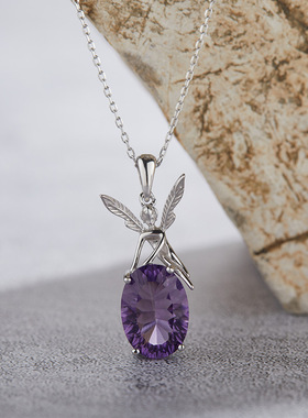 realtreasures925纯银镶嵌天然彩宝紫水晶吊坠天使项链女