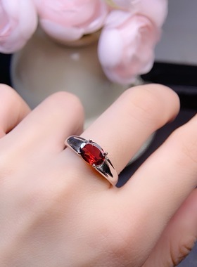 realtreasure天然红石榴石戒指 s925纯银镶嵌 全净体 主石6*8mm