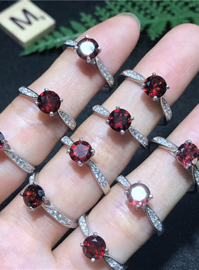 realtreasure酒红石榴石戒指石榴石切面钻戒款s925银活扣镶嵌