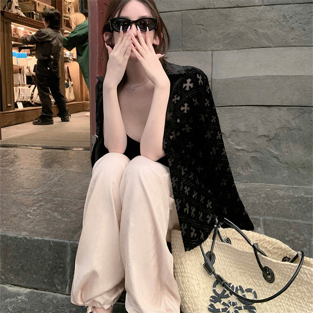 Cross black velvet burnt flower long sleeve thin shirt