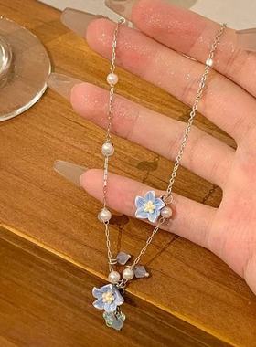 蓝山茶花珍珠项链女小众ins风
