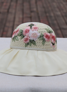 民族风刺绣花朵空顶防晒帽女夏季大帽檐遮阳帽