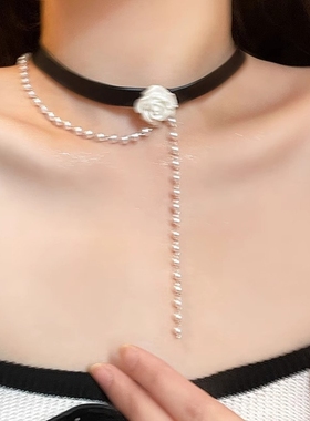 choker颈带项链女士玫瑰花珍珠项圈锁骨链小众黑色颈链脖子配饰