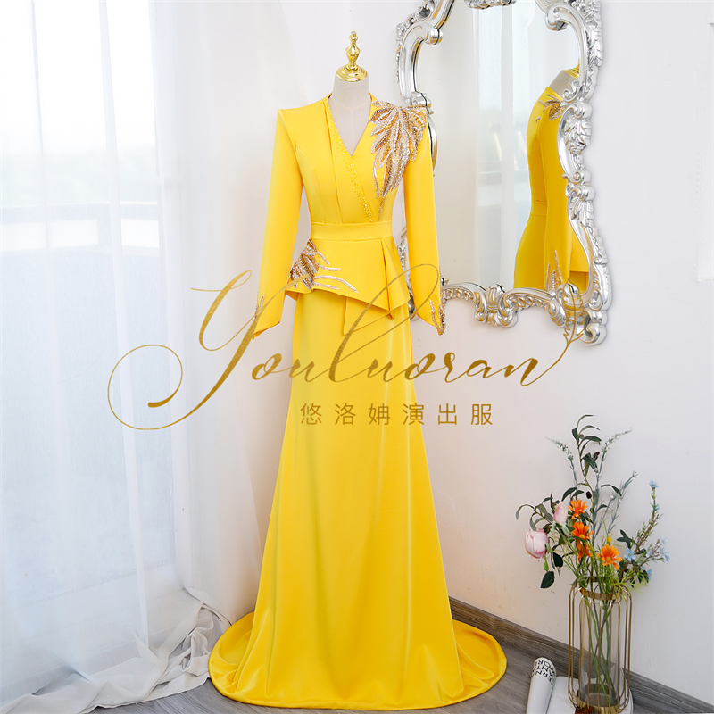 悠洛姌演出服新款黄色实拍显白重工主持人礼服舞台表演艺考礼服 - 图0