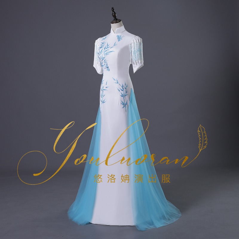 悠洛姌2023新款旗袍新娘独唱手绘裙鱼尾主持人气质演出服艺考礼服 - 图0