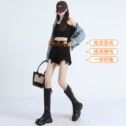 黑色高腰牛仔短裤女小个子2026新款夏季阔腿显瘦破洞辣妹a字热裤 - 图1