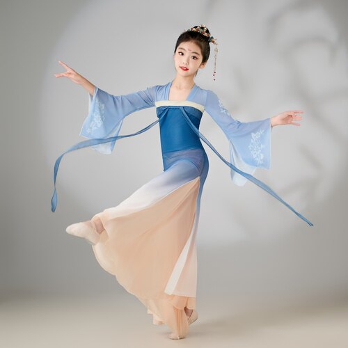 六一女童表演出服古典舞飘逸蓝色渐变练功服纱衣中国舞蹈大摆裙裤 - 图0
