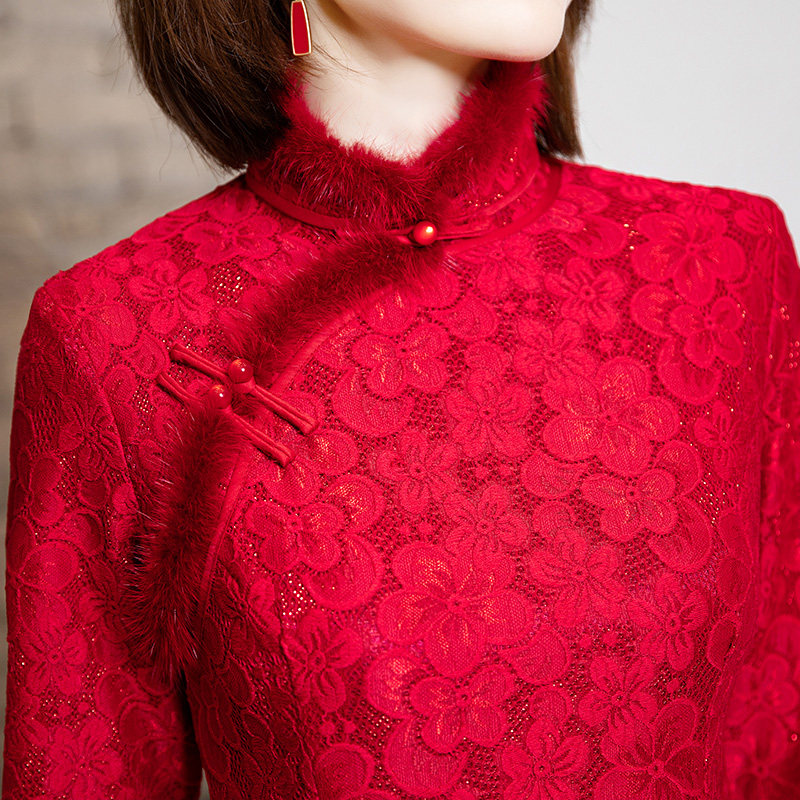红色2022年新款唐装冬季喜庆裙旗袍 丹瑞诗旗袍