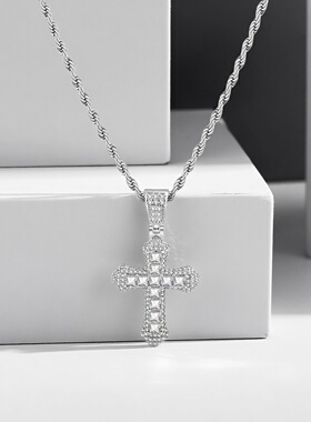 镶钻十字架项链男女款彩色蓝色吊坠潮流轻奢高级感毛衣链生日礼物