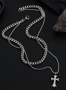 十字架双层叠戴古巴项链男女轻奢潮流嘻哈钛钢吊坠毛衣链生日礼物