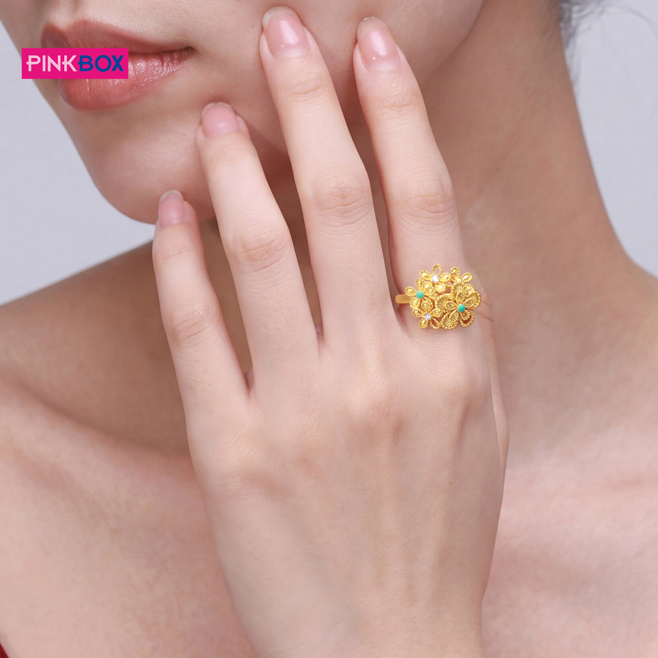 New jewelry pure gold filigree flower ring enamel moissanite inlaid gold women's ring