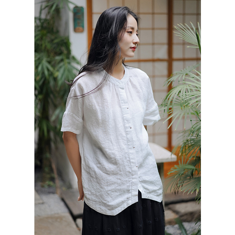 文艺百搭纯色亚麻白衬衫女夏季宽松休闲设计感不规则苎麻短袖上衣