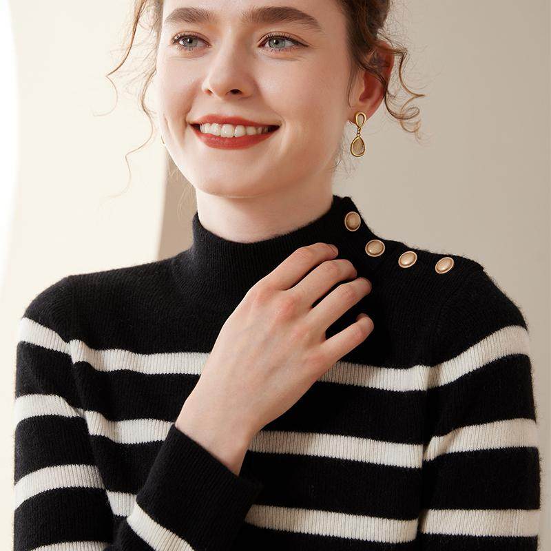 山羊绒衫女半高领条纹洋气短款修身毛衣百搭显瘦羊绒针织打底衫,淘宝优惠券,粉丝福利购,淘宝优惠卷