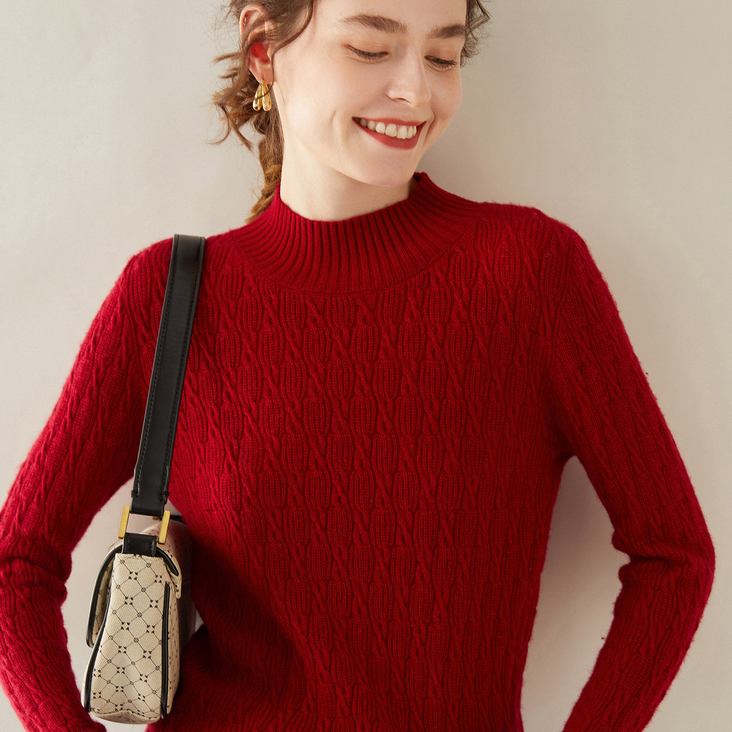 高级感山羊绒衫女半高领扭花套头加厚毛衣内搭纯色羊绒针织打底衫 - 图2