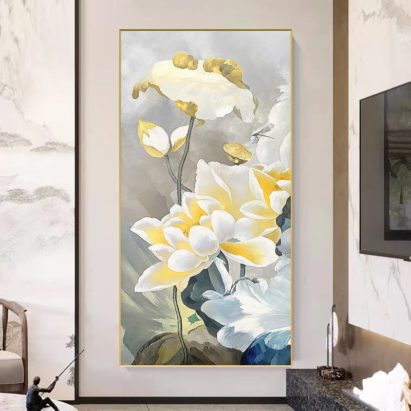 深圳大芬油画村旗舰店玄关画清仓轻奢风手绘荷花入户门正对门挂画