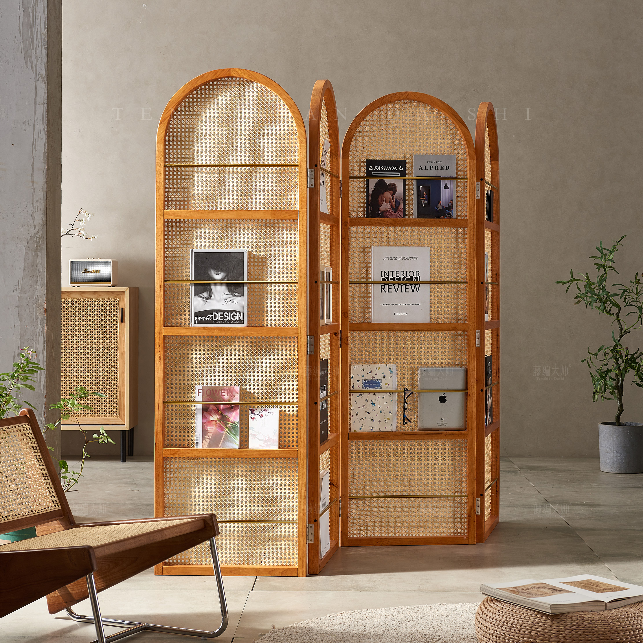 实木藤编屏风隔断墙复古文艺杂志书架遮挡小户型客厅入户简约座屏 - 图0