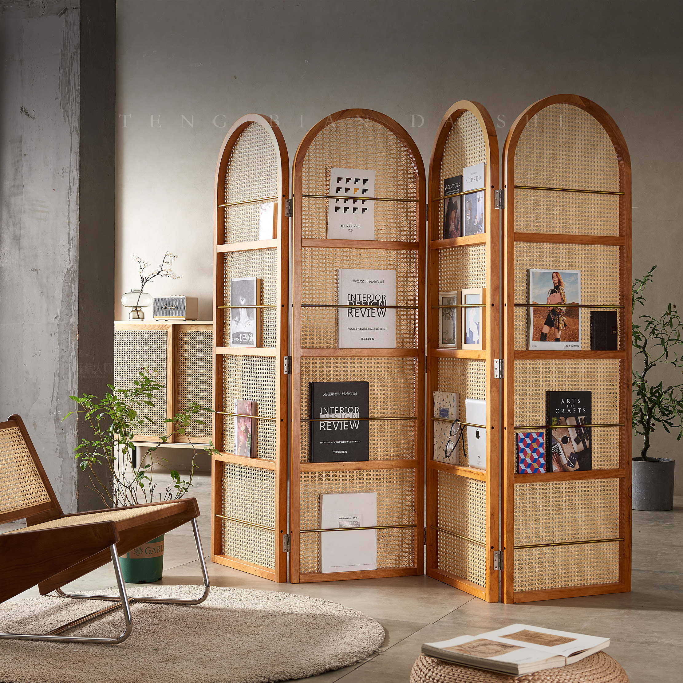 实木藤编屏风隔断墙复古文艺杂志书架遮挡小户型客厅入户简约座屏 - 图1