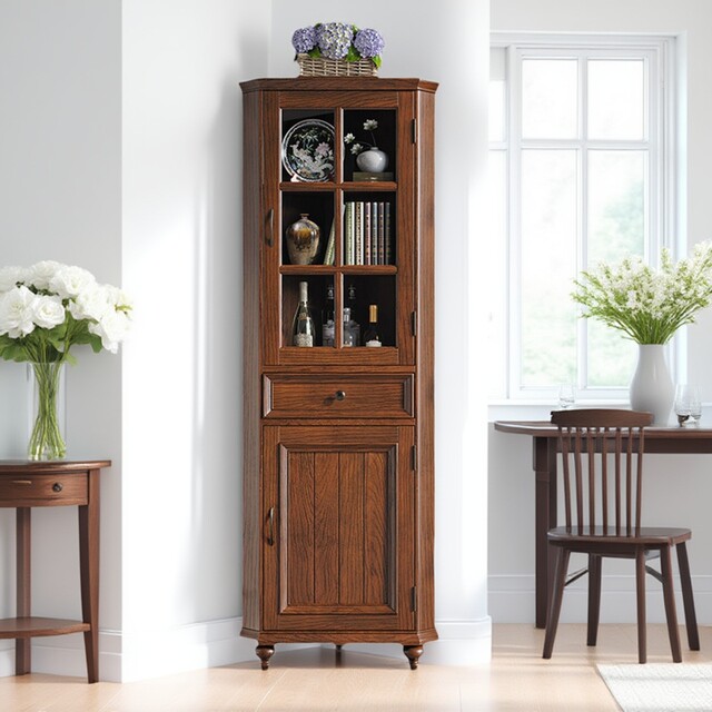 Pure solid wood glass door storage cabinet American wine cabinet corner cabinet triangle cabinet corner storage cabinet