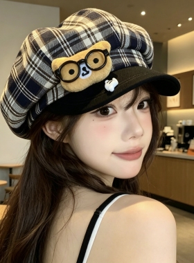 百搭大头围显鸭舌画家帽子可爱卡通眼镜小熊格纹八角帽贝雷帽女