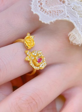 中式复古微镶锆石双生玫瑰花戒指