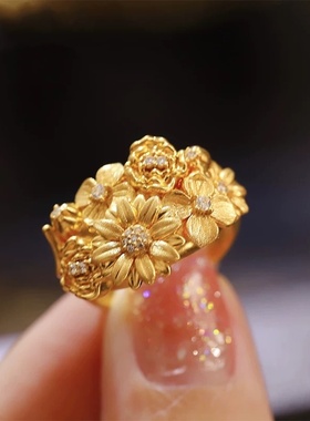新中式古法点钻镀金戒指镶嵌锆石