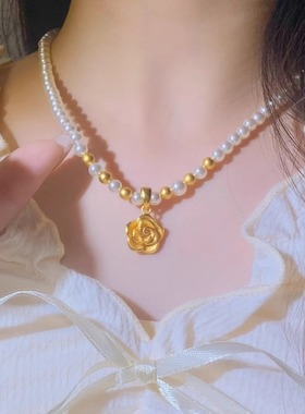 玫瑰花淡水珍珠项链吊坠女款轻奢