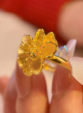 女沙金花朵新娘结婚仿真黄金戒指