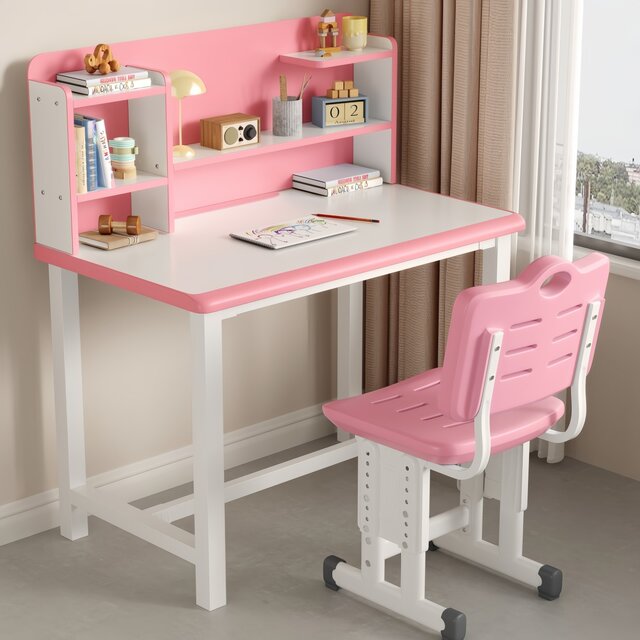 Home children's writing desk with bookshelf liftable table and chairs