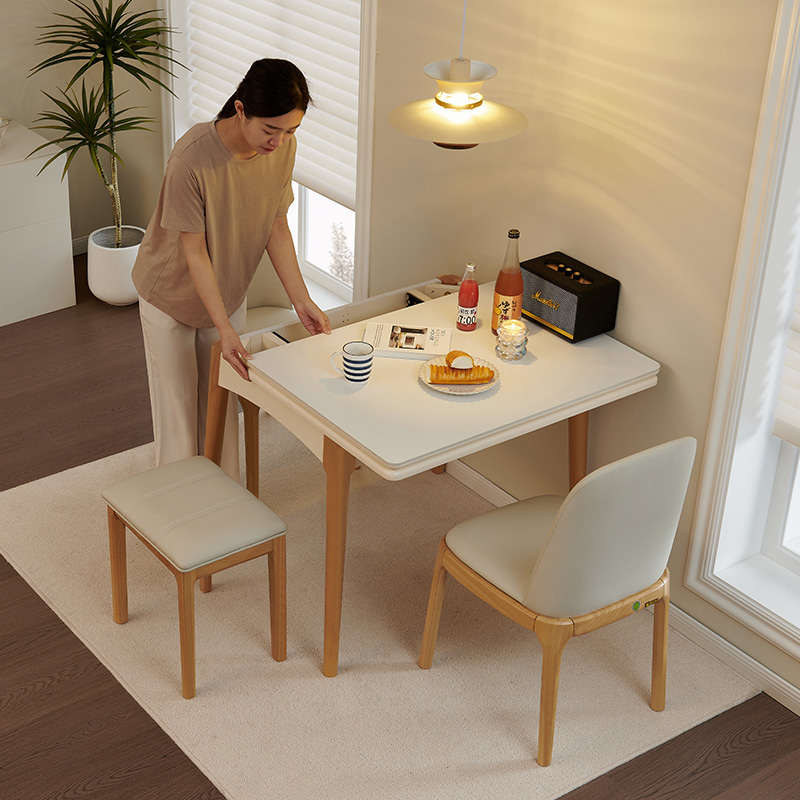 小户型岩板折叠餐桌实木家用原木奶油风简约可伸缩折叠多功能饭桌 - 图0