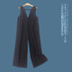 ຍີ່ປຸ່ນດ່ຽວ suspender jumpsuit summer ການຄ້າຕ່າງປະເທດໃຫມ່ຂອງແມ່ຍິງ V-neck backless ສີແຂງ stretch straight wide-leg pants 29625