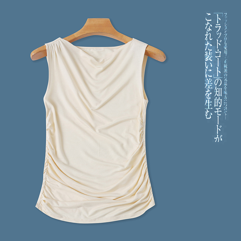 人棉无袖T恤  夏季新款外贸女装简约修身一字领套头褶皱拼接30446