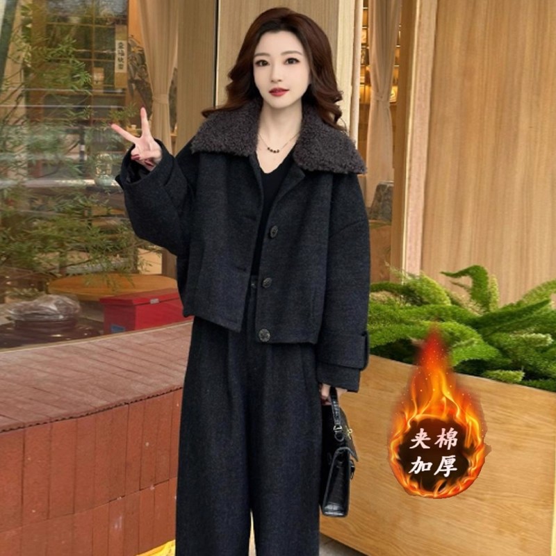 2025冬装搭配一整套装女小个子加厚夹棉外套阔腿裤超火减龄两件套 - 图0