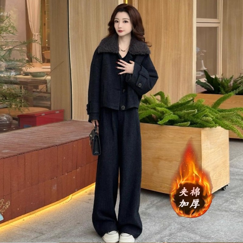 2025冬装搭配一整套装女小个子加厚夹棉外套阔腿裤超火减龄两件套 - 图3