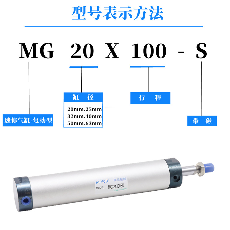 MG亚德客系列不锈钢迷你气缸MGC/MGD20/25*50*75*100*125*150S-U - 图1