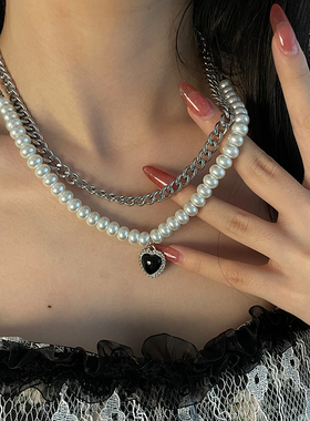 珍珠ins甜酷珍珠双层女ins黑色女