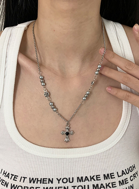 灰色珍珠十字架嘻哈项链男女同款